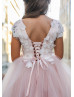 Pink Floral Appliques Tulle Romantic Flower Girl Dress